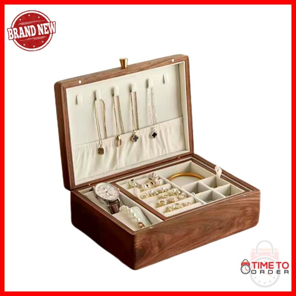 Solid Walnut Wood Jewelry Box Organizer with Velvet Lining